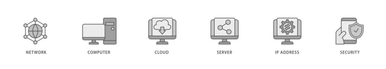 Network technology icon packs for your design digital and printing of network, computer, cloud, server, ip address and security icon live stroke and easy to edit 