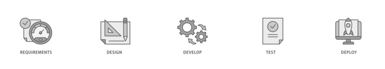 Waterfall icon packs for your design digital and printing of requirements, design, develop, test and deploy icon live stroke and easy to edit 