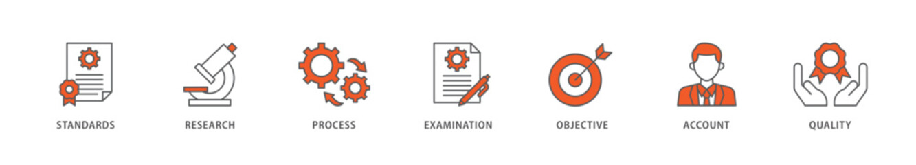 Audit icon packs for your design digital and printing of standards, research, process, examination, objective, account, and quality icon live stroke and easy to edit 