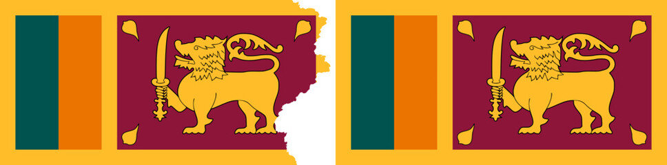 Sri Lanka lion flags vector. Standard flag and with torn edges