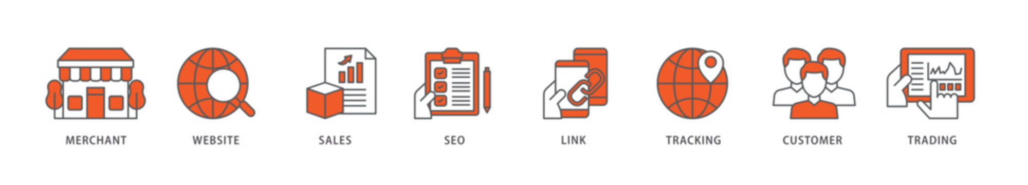 Affiliate marketing icon packs for your design digital and printing of trading, seo, tracking, customer, link, sales, website, merchant icon live stroke and easy to edit 