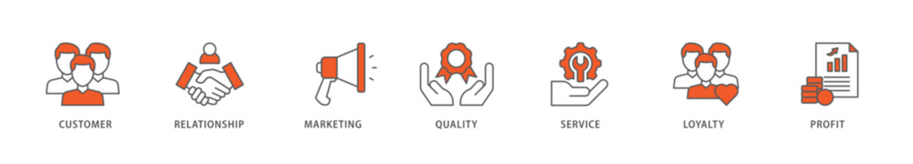 Customer relationship icon packs for your design digital and printing of customer, relationship, marketing, quality, service, loyalty and profit icon live stroke and easy to edit 
