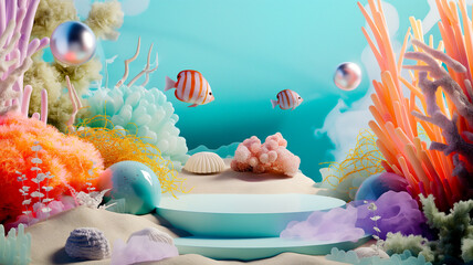 marine and Sea beach theme scene design with round podium, bright and colorful underwater ,Dream-core Compositions Surrealist. .Coral reef , seaweed starfish and undersea life