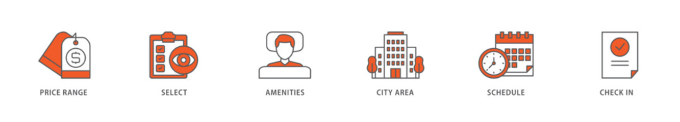 Hotel booking icon packs for your design digital and printing of city area, check in, schedule, amenities, select, price range icon live stroke and easy to edit 