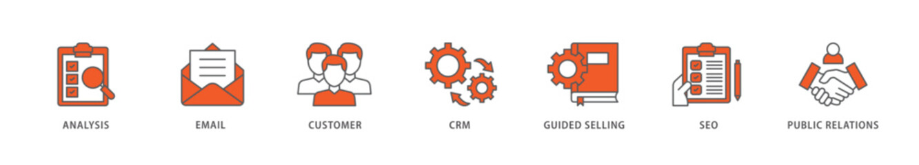 Inbound marketing icon packs for your design digital and printing of analysis, email, customer, crm, guided selling, seo and public relations icon live stroke and easy to edit 