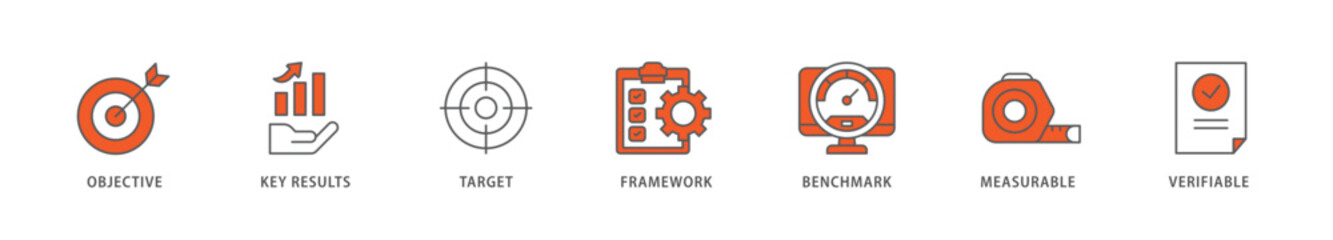 OKR icon packs for your design digital and printing of objective, key results, target, framework, benchmark, measurable, and verifiable icon live stroke and easy to edit 