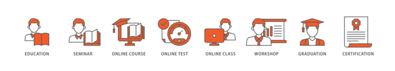 Online training icon packs for your design digital and printing of education, seminar, online course, online test, online class, workshop, graduation, certification icon live stroke and easy to edit 