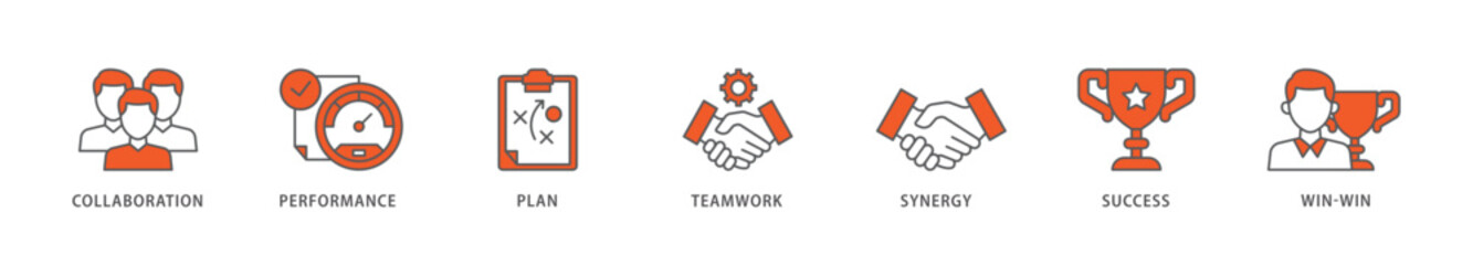 Partnership icon packs for your design digital and printing of collaboration, performance, plan, teamwork, synergy, success and win win solution icon live stroke and easy to edit 