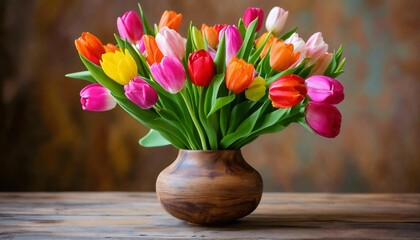 Colourful Tulips in Wooden Vase