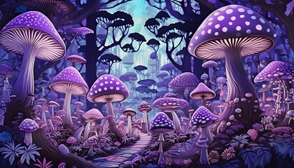 A Magical Forest of Psychedelic Mushrooms in Kaleidoscope of Violet Shades and Tones. Surreal Fluorescent Woods. Mystical Fairy Tale Illustration.