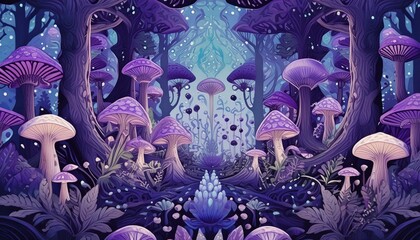 A Magical Forest of Psychedelic Mushrooms in Kaleidoscope of Violet Shades and Tones. Surreal Fluorescent Woods. Mystical Fairy Tale Illustration.