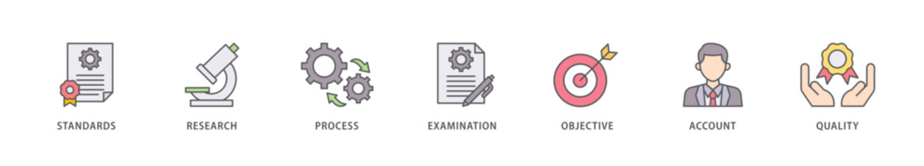 Audit icon packs for your design digital and printing of standards, research, process, examination, objective, account, and quality icon live stroke and easy to edit 
