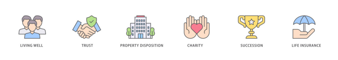 Estate planning icon packs for your design digital and printing of living well, trust, property disposition, charity, succession, life insurance icon live stroke and easy to edit 