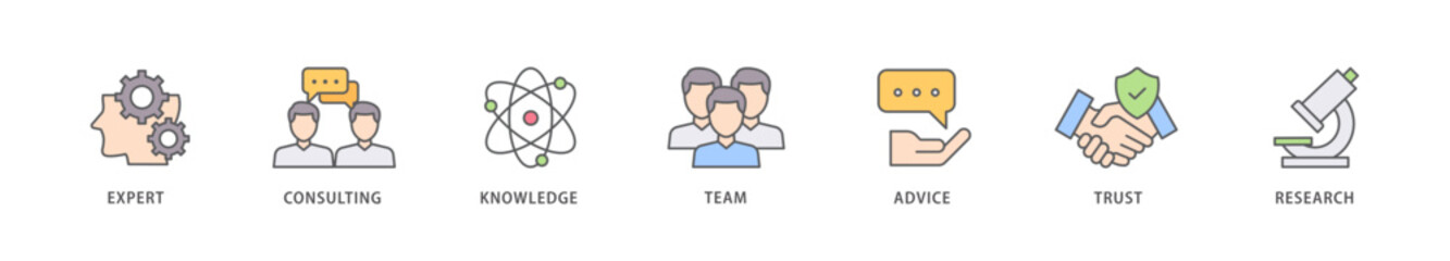 Expertise icon packs for your design digital and printing of expert, consulting, knowledge, team, advice, trust, and research icon live stroke and easy to edit 