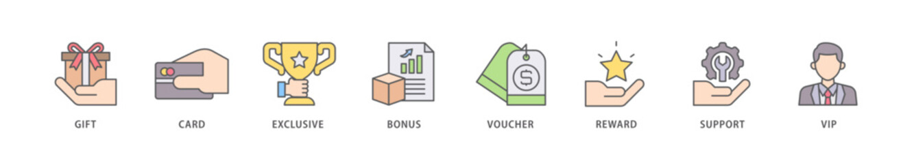 Loyalty program icon packs for your design digital and printing of vip, support, bonus, reward, voucher, exclusive, card, gift icon live stroke and easy to edit 