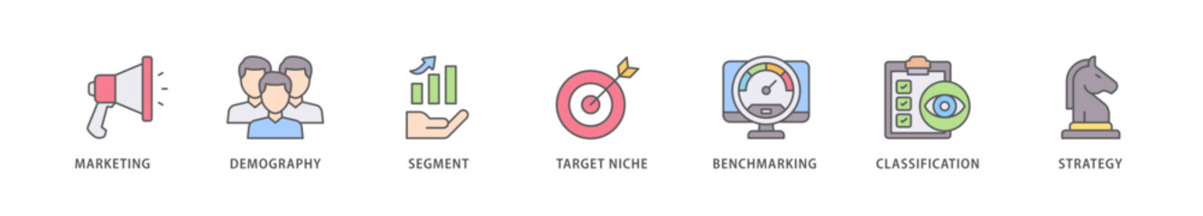Market segmentation icon packs for your design digital and printing of marketing, demography, segment, target niche, benchmarking, classification, strategy icon live stroke and easy to edit 
