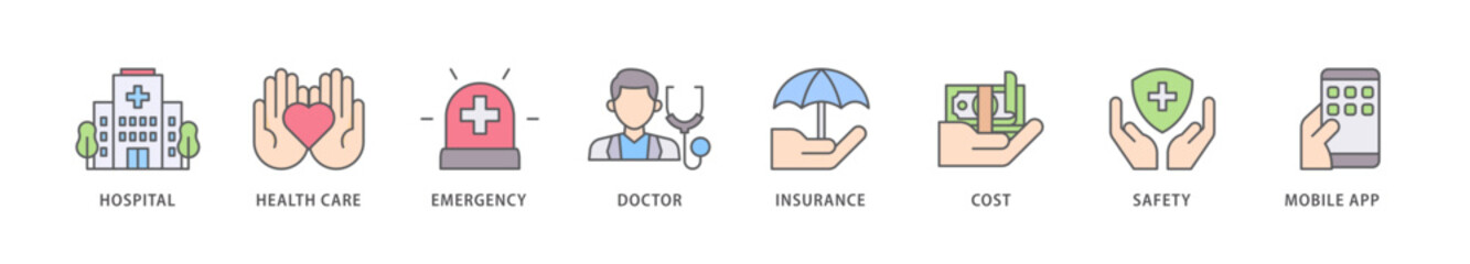 Medical care icon packs for your design digital and printing of hospital, health care, emergency, doctor, insurance, cost, safety, mobile app icon live stroke and easy to edit 
