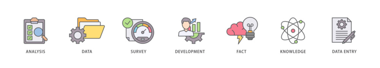 Research icon packs for your design digital and printing of analysis, data, survey, development, fact, knowledge and data entry icon live stroke and easy to edit 