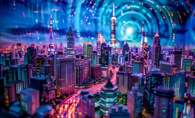 Obraz premium A cityscape with a bright blue sky and neon lights. The city is full of tall buildings and a highway with cars driving by. Scene is energetic and futuristic