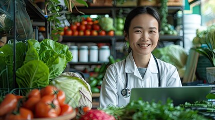 A woman in a white lab coat is smiling at the camera in front of a table full of vegetables