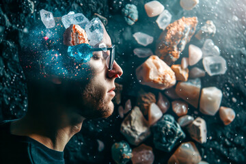 A man with glasses is looking at a pile of rocks. The rocks are scattered all over the ground, and the man is staring at them intently. The scene has a sense of mystery and curiosity