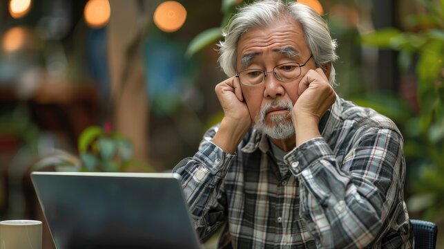An older man is sitting at a table with a laptop in front of him. He is wearing glasses and he is looking at the screen with a puzzled expression