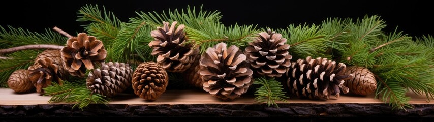 pine cones and branches on wooden surface