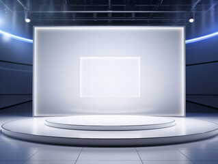 Contemporary tech event stage featuring a sleek, white podium with a large screen