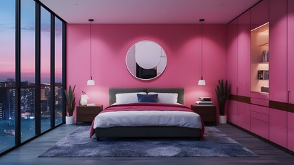 As night falls, a sleek modern bedroom comes to