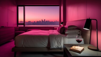 As night falls, a sleek modern bedroom comes to