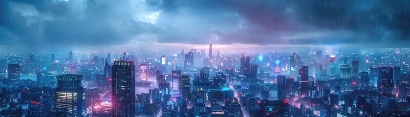 Fototapeta premium Futuristic cyberpunk cityscape bathed in neon lights under rainy skies