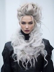 Dramatic portrait of a woman with striking silver hair