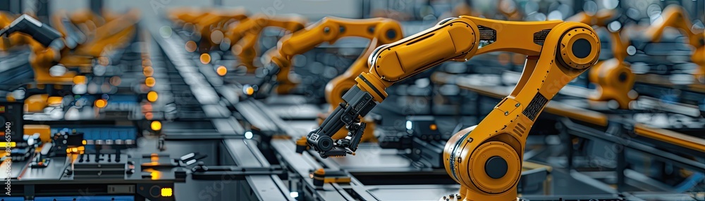 Poster high-tech industrial robots working on an assembly line in a modern factory