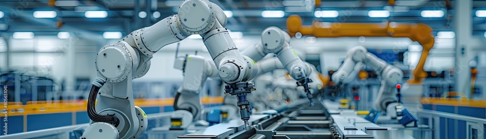 Poster high-tech industrial robots working on an assembly line in a modern factory