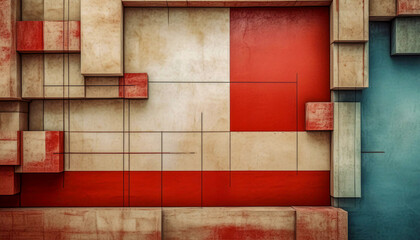 A grunge wall made of red and white blocks with a blue background