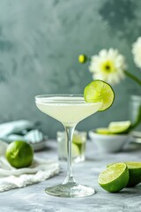 Gimlet Classic Cocktail garnish with lime slice. Classic alcoholic beverage recipe wall art print. Summer aperitif poster in muted color. Minimalist alcoholic drink placard.