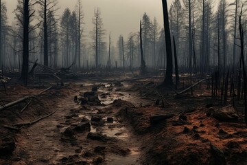 A forest with dead trees and a muddy path
