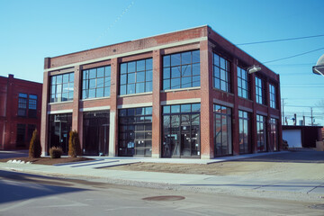 A brick building with a lot of windows and a garage door. The building is empty and has a lot of glass
