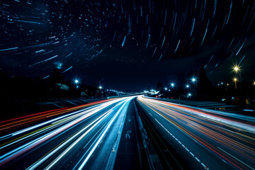 A long, empty highway at night with a bright star in the sky. The stars are scattered across the sky, creating a sense of movement and energy. The highway is illuminated by the lights of the cars