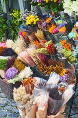 A flower shop filled with a variety of plants and flowers, with a charming bucket of blooms placed in front. Perfect for interior design, events, or flower arranging art