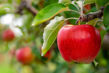 A red apple hanging from a tree. The apple is surrounded by other apples, and the tree is lush and green