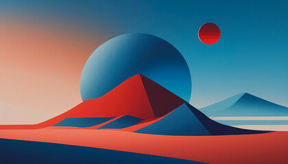 A blue and red planet with a mountain in the foreground