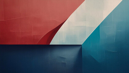 An artistic display of geometric shapes in vivid red and blue colors with scratched textured surface.