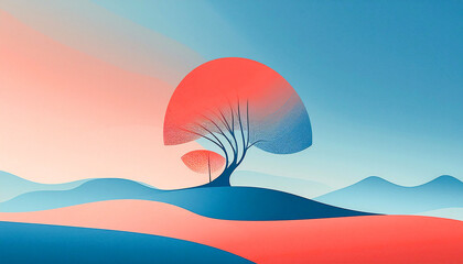 Minimalistic flat lay artistic blue and red color background of lonely tree growing in mountains