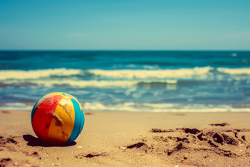 Obraz premium A beach ball is sitting on the sand near the water