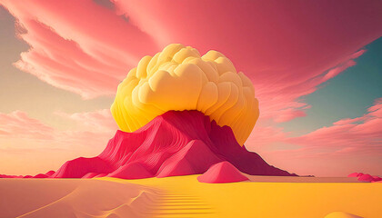 A colorful explosion in the sky with a pink and yellow mountain in the foreground