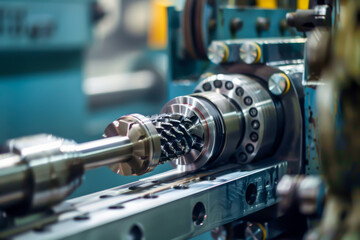 Fototapeta premium A machine is grinding a piece of metal. The grinding process is taking place on a metal table