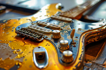 A guitar with a gold finish and a black strap. The guitar is old and has a worn look to it