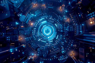 Fototapeta premium A blue and orange cityscape with a glowing circle in the center. The circle is surrounded by a blue and orange glow, giving the impression of a futuristic city