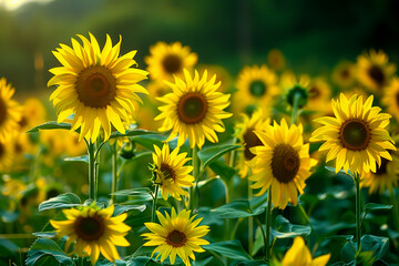 Fototapeta premium A field of yellow sunflowers with the sun shining on them. The sunflowers are in full bloom and are arranged in a way that they are all facing the same direction. The scene is peaceful and serene